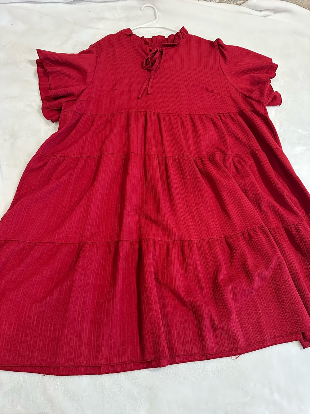 SHEIN Red Tiered Ruffle Tie-Neck Short Sleeve Dress